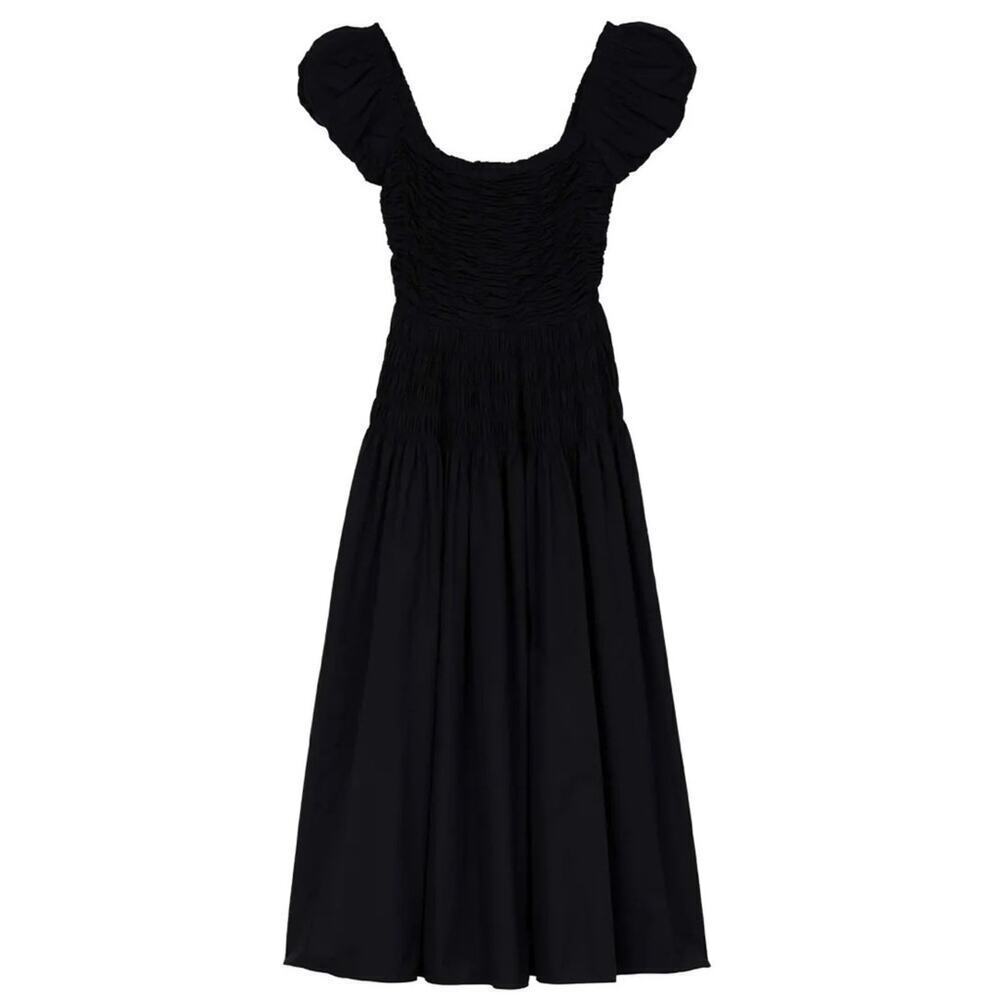 Doen Katherina Cotton Poplin Smocked Ruched Short Puff Sleeve Maxi Dress Black